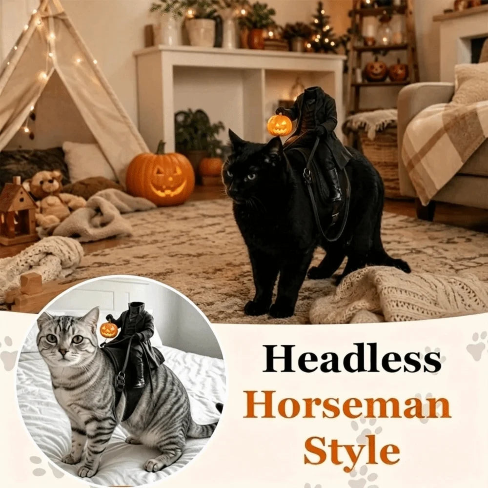 Headless Rider Cat Costume on a black cat in a Halloween room, with an inset of a tabby wearing it.