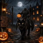 Headless Rider Cat Costume shown on a black cat in a stylized moonlit scene with pumpkins and a haunted house.