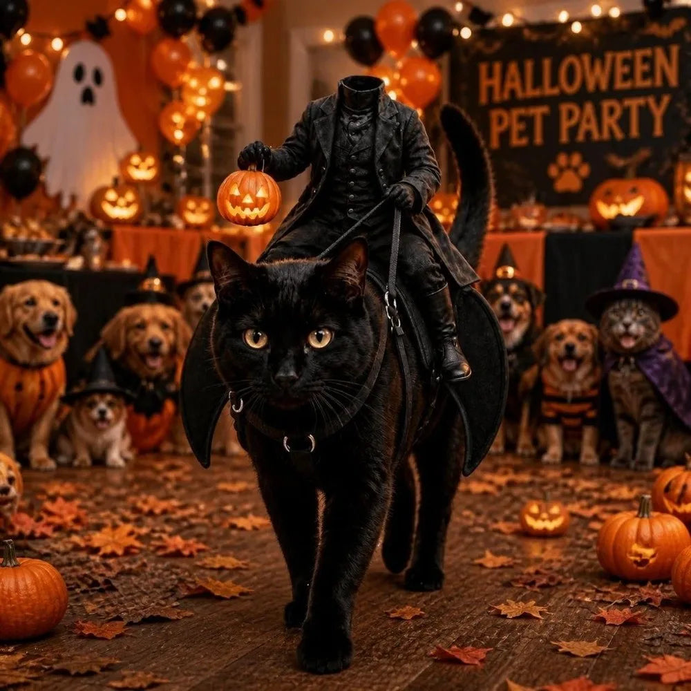 Headless Rider Cat Costume on a black cat at a Halloween pet party with autumn leaves on the floor.