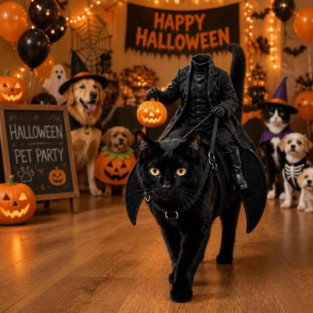 Headless Rider Cat Costume on a black cat at a party with a Halloween chalkboard, balloons, and costumed pets.