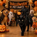 Headless Rider Cat Costume on a black cat beside a dog in a witch hat and other dressed-up pets.