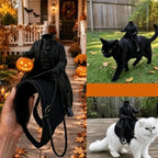 Headless Rider Cat Costume collage showing the saddle held in a hand and worn by black and white cats.