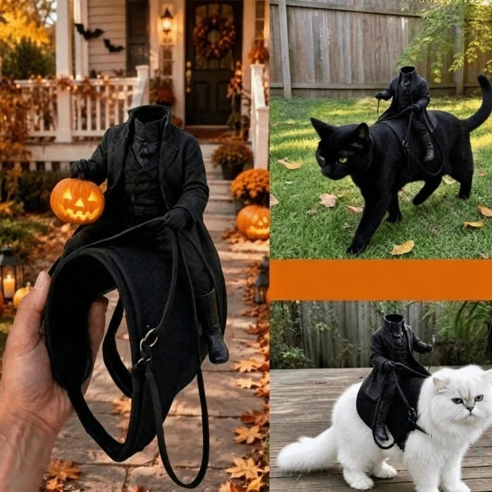Headless Rider Cat Costume collage showing the saddle held in a hand and worn by black and white cats.