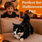 Headless Rider Cat Costume on a black-and-white cat resting on a sofa, with a smiling child behind it.