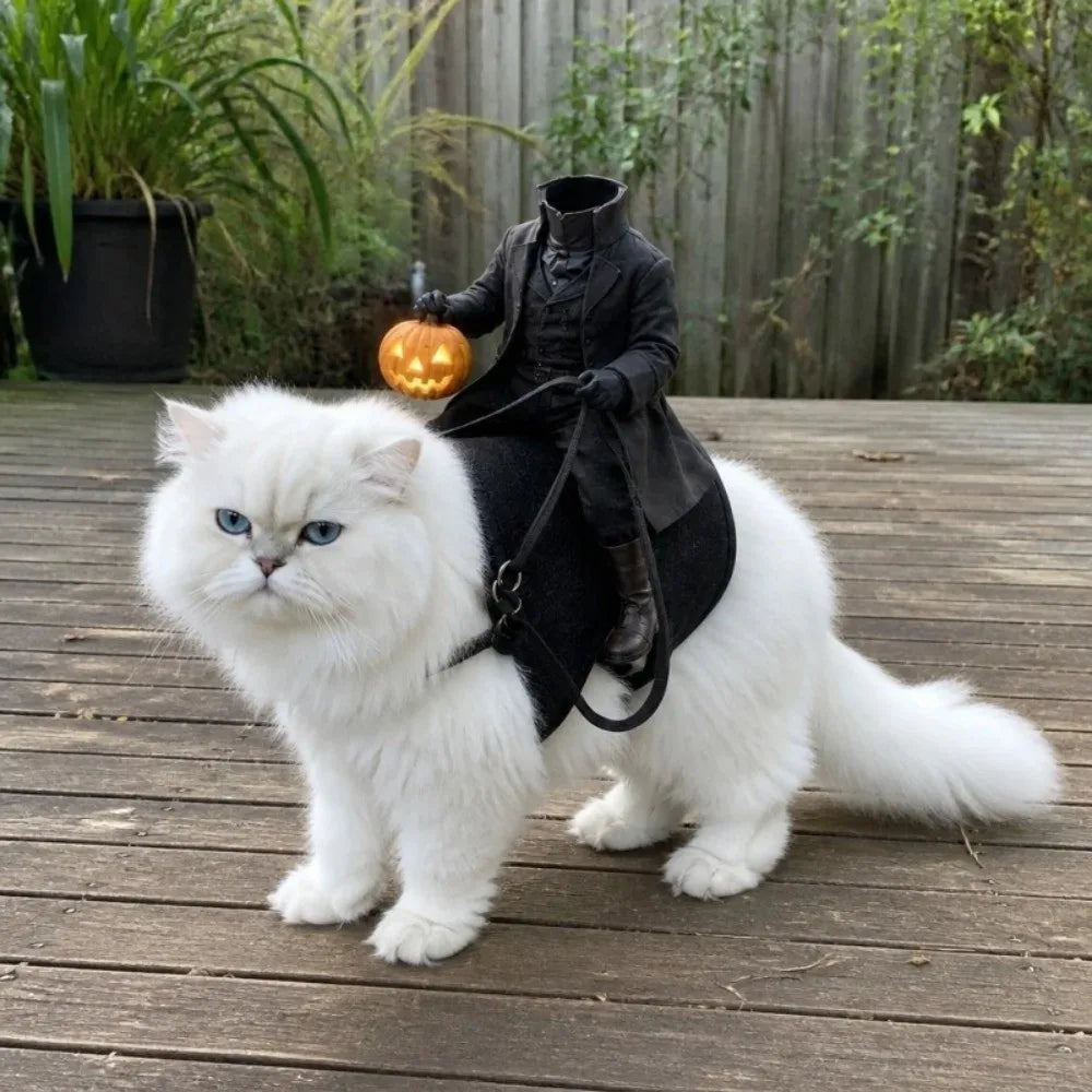 Headless Rider Cat Costume worn by a fluffy white cat on a wooden deck, with the pumpkin lantern glowing.