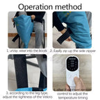 Heated Foot & Leg Boots operation guide using a blue demonstration boot to show zipper, straps and controller