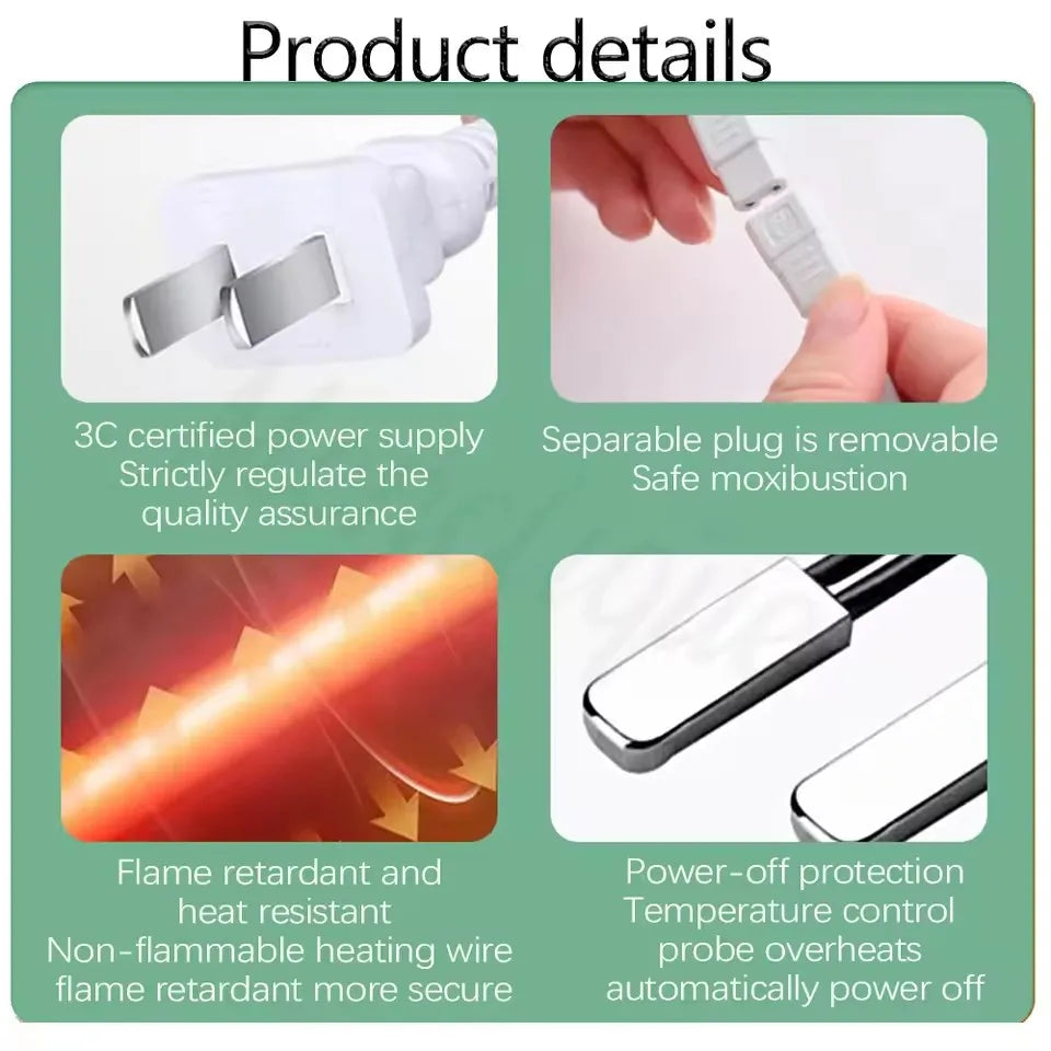 Heated Foot & Leg Boots supplier graphic showing power plug, detachable connector and heating components