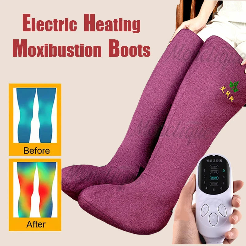 Heated Foot & Leg Boots in purple with controller and supplier before-and-after heat illustrations