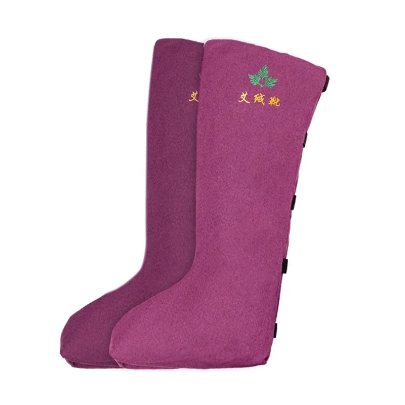 Heated Foot & Leg Boots in purple with embroidered leaf detail and side fastening tabs