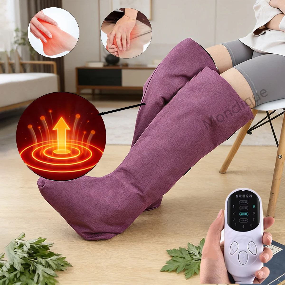Heated Foot & Leg Boots worn while seated, with handheld controller and supplier heat graphic