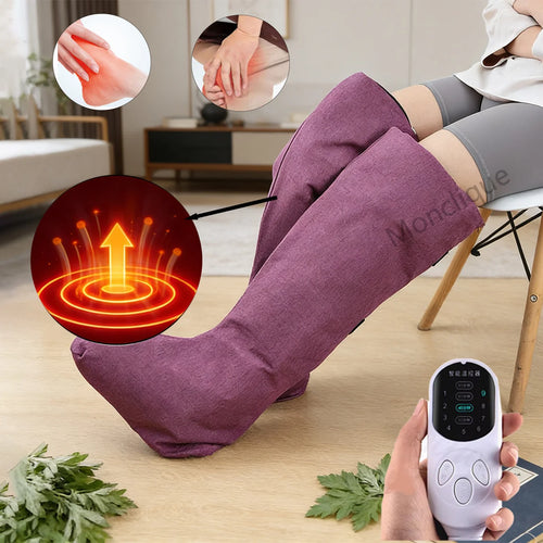 Heated Foot & Leg Boots worn while seated, with handheld controller and supplier heat graphic