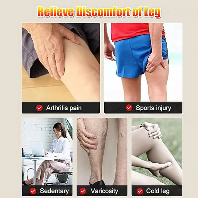 Heated Foot & Leg Boots supplier collage showing leg discomfort scenarios and medical-condition labels
