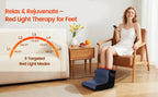 Heated Red Light Foot Wrap worn by a woman relaxing in an armchair with the controller in hand