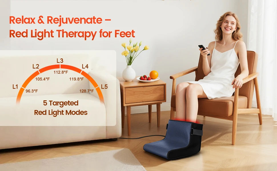 Heated Red Light Foot Wrap worn by a woman relaxing in an armchair with the controller in hand