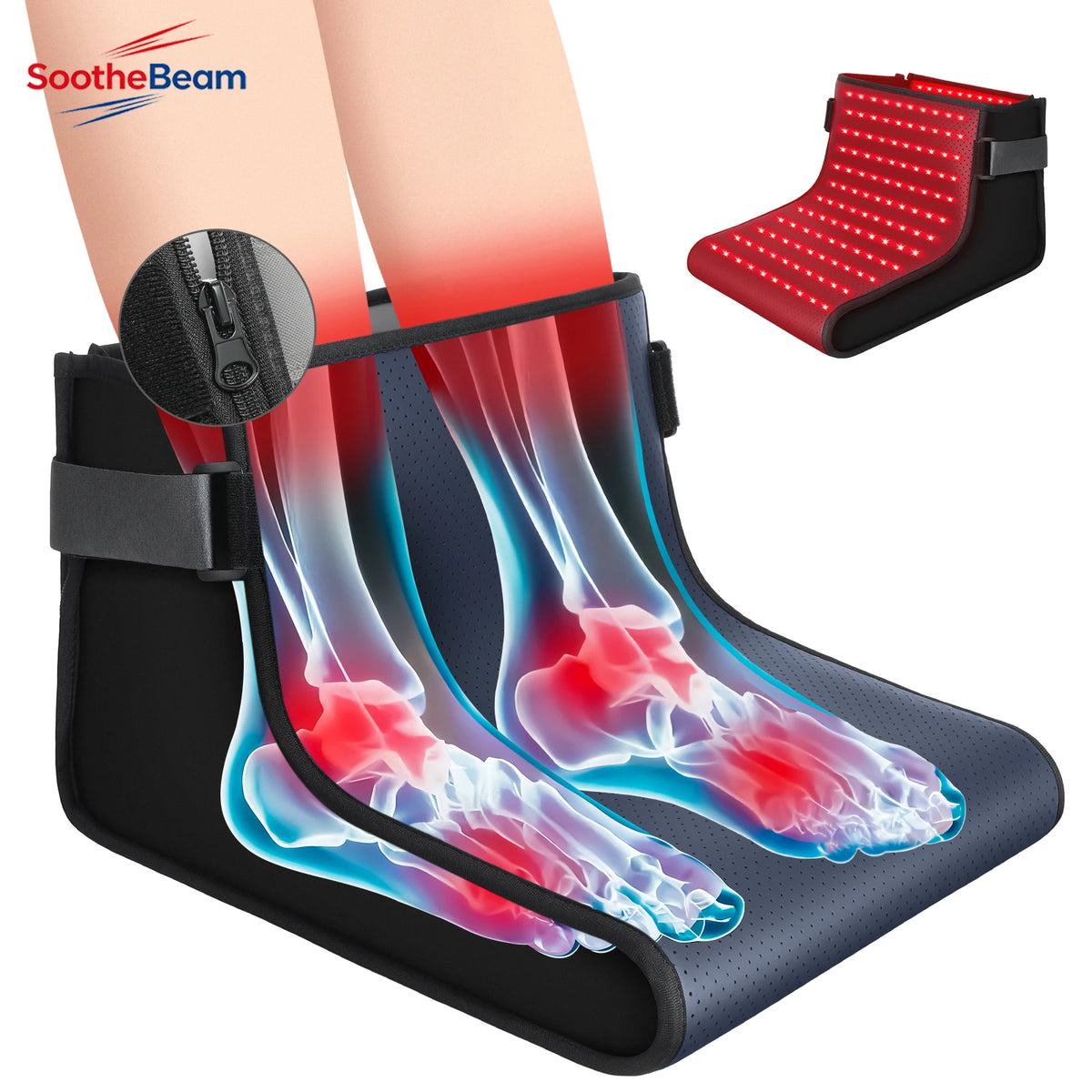 Heated Red Light Foot Wrap with illustrated feet and ankles, zipper detail and glowing LED inset