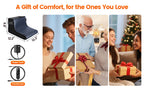 Heated Red Light Foot Wrap, power adapter and wired controller beside three gift-giving scenes