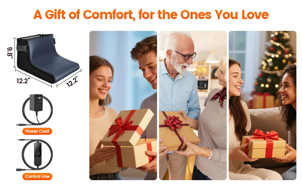 Heated Red Light Foot Wrap, power adapter and wired controller beside three gift-giving scenes