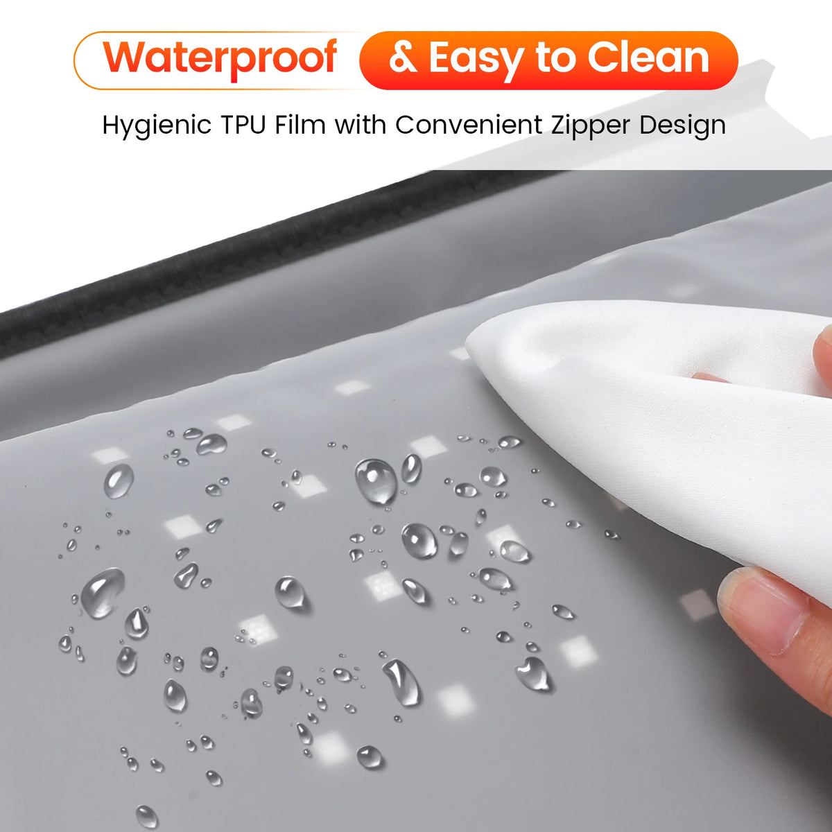 Heated Red Light Foot Wrap inner lining close-up with water droplets and a hand wiping the surface