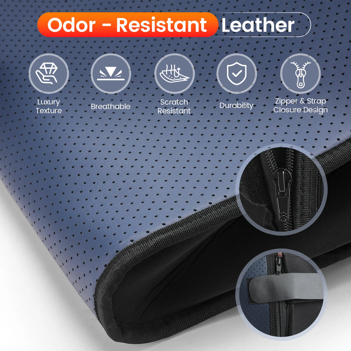 Heated Red Light Foot Wrap perforated blue surface close-up with zipper and adjustable strap insets