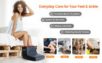 Heated Red Light Foot Wrap worn by a seated woman beside a collage of adult foot-care scenarios