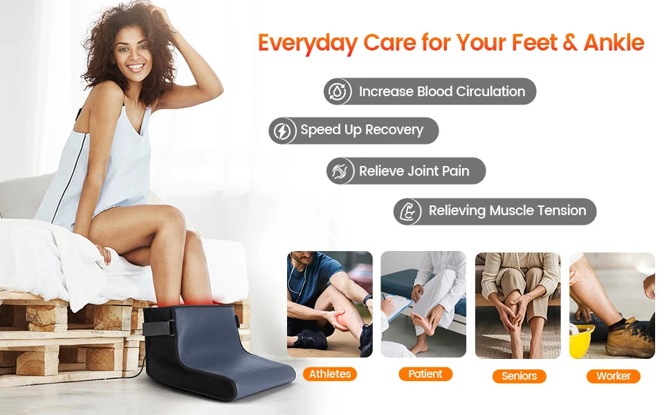 Heated Red Light Foot Wrap worn by a seated woman beside a collage of adult foot-care scenarios
