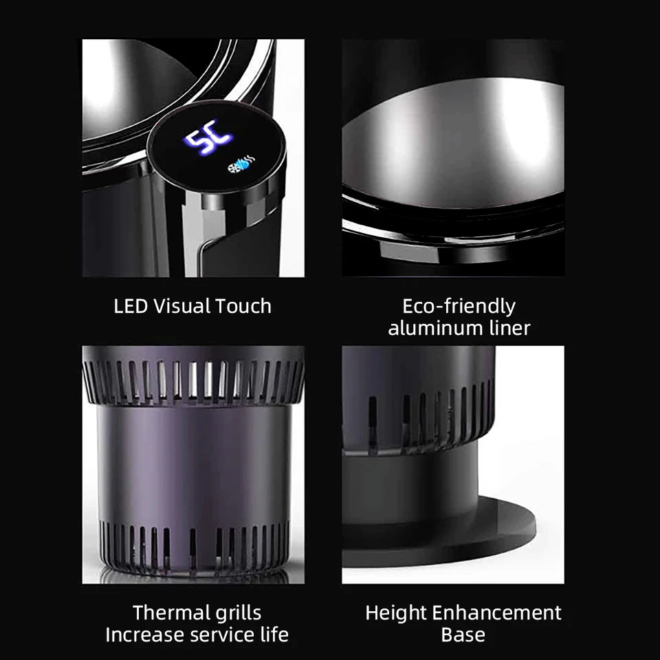 Heating Cooling Cup Holder close-ups of the digital display, aluminum liner, ventilation, and support base.