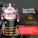 Heating Cooling Cup Holder shown with a baby bottle in a vehicle console in a supplier warming graphic.