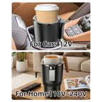 Heating Cooling Cup Holder shown in a car console with coffee and on a living room table with tea.