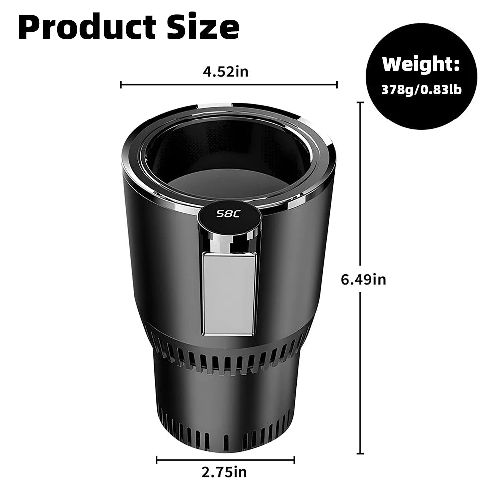 Heating Cooling Cup Holder size guide showing 6.49-inch height, 2.75-inch base, and 378 g weight.