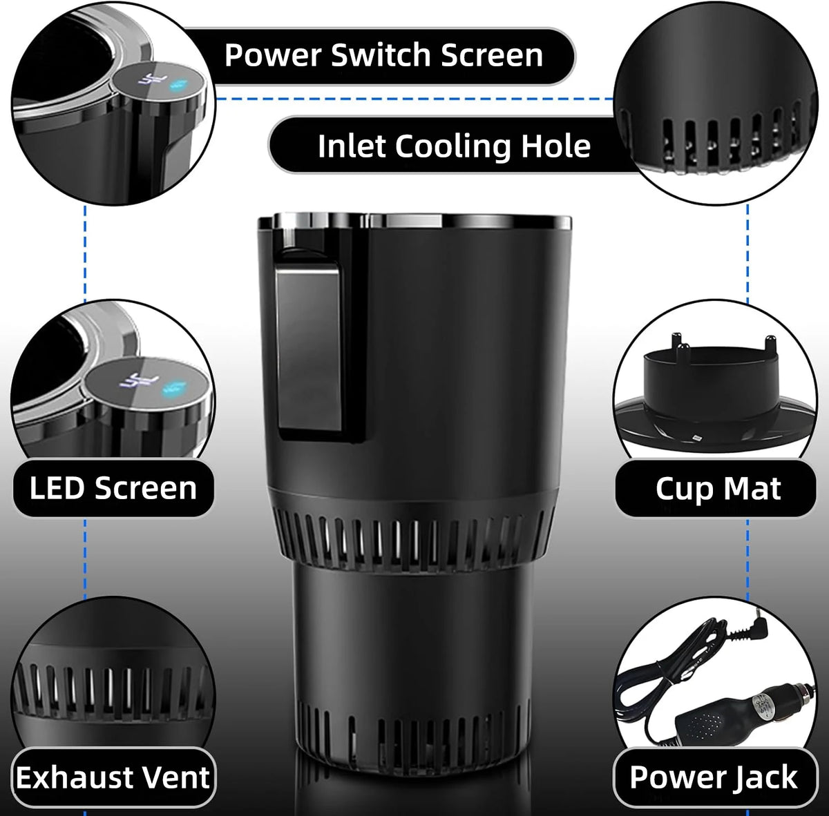 Heating Cooling Cup Holder diagram identifying the display, vents, support base, and power cable.