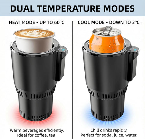 Heating Cooling Cup Holder side-by-side illustration with a coffee cup and an orange beverage can.