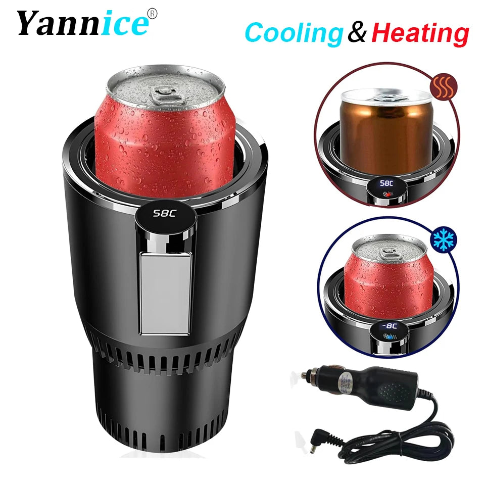 Heating Cooling Cup Holder supplier comparison showing red and gold cans in cooling and warming modes.