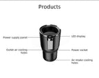Heating Cooling Cup Holder labeled diagram showing the display, power socket, and intake and outlet vents.