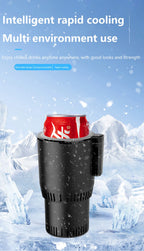 Heating Cooling Cup Holder holding a red beverage can against an illustrated ice and mountain background.