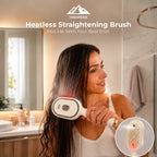 A woman in a bathroom holds a Highpeak heatless straightening brush while styling wet, dark hair. The image includes the Highpeak brand logo, product name, and a circular inset showing the brush head detail.