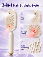 Beige Heatless Straightening Brush feature graphic showing fine mist, red-light care, and flexible teeth