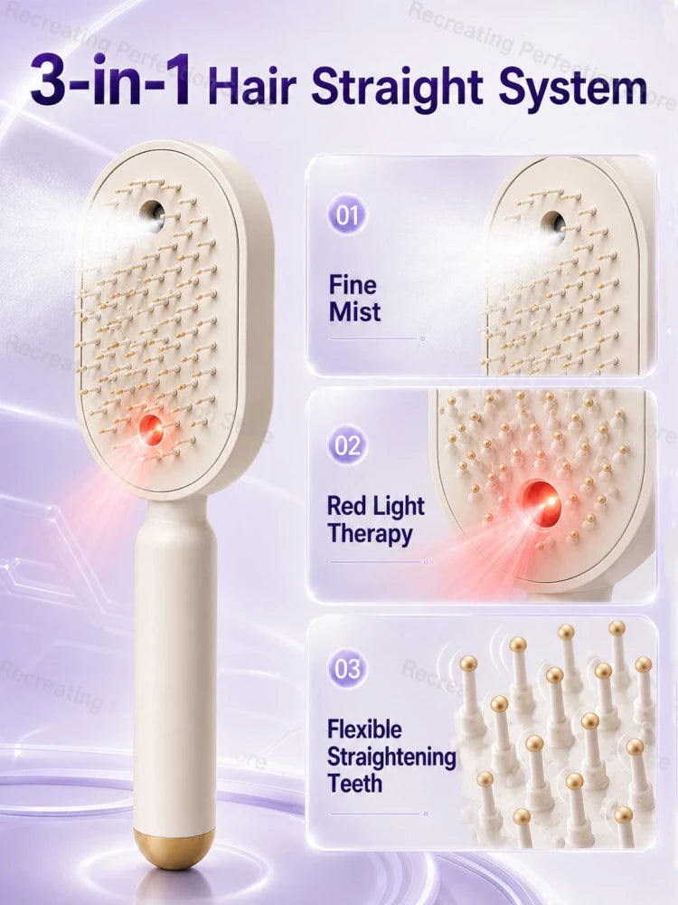 Beige Heatless Straightening Brush feature graphic showing fine mist, red-light care, and flexible teeth