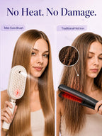 Fine-mist Heatless Straightening Brush compared with a traditional hot iron in a side-by-side graphic