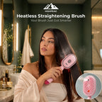 A woman in a bathroom holds a pink Highpeak heatless straightening brush against her dark hair, with steam visible and a circular inset showing the brush bristles and heating element. Text at the top reads 'HIGHPEAK Heatless Straightening Brush'.