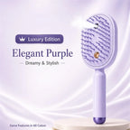 Heatless Straightening Brush in purple with flexible styling teeth and visible fine mist