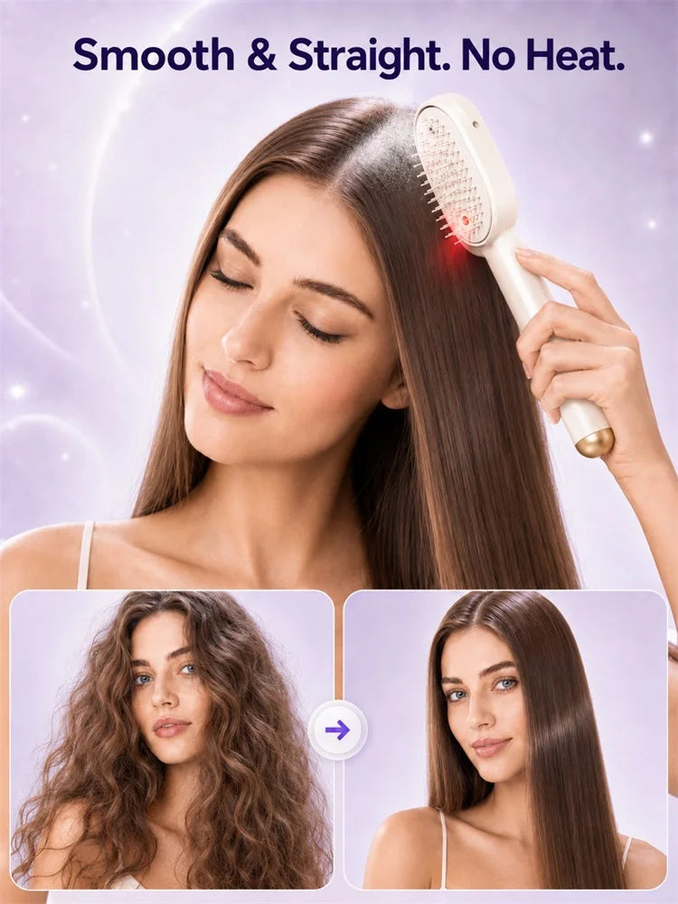 Beige Heatless Straightening Brush smoothing long brown hair with before-and-after result insets