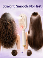 Beige Heatless Straightening Brush between curly and straight hair results in a no-heat comparison