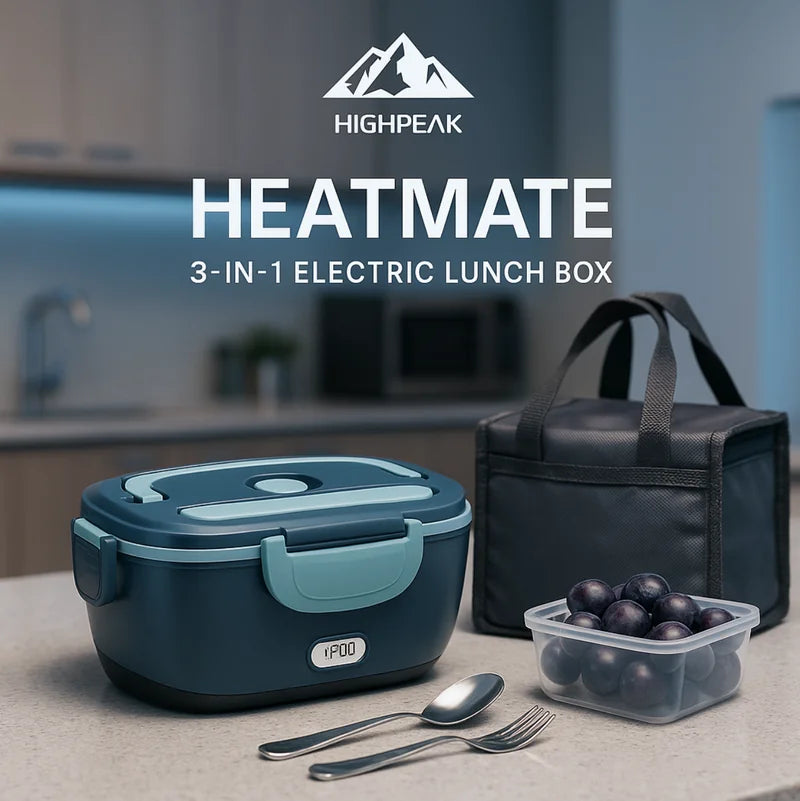 HighPeak HeatMate™ electric lunch box in teal with insulated black bag, stainless steel tray, and utensils on kitchen counter