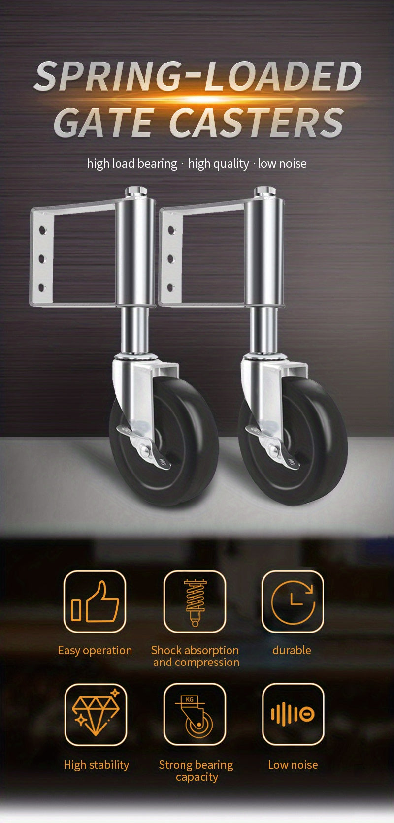 Heavy Duty Gate Wheel feature overview with spring support, shock absorption, and low-noise rolling