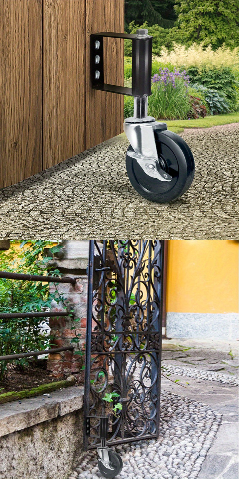 Heavy Duty Gate Wheel black model installed on wooden and wrought iron gates