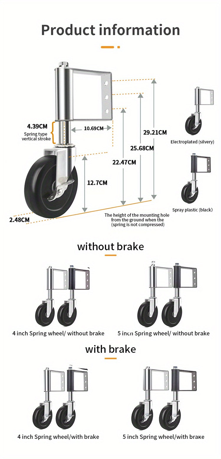 Heavy Duty Gate Wheel supplier size chart highlighting the 5-inch black model with brake