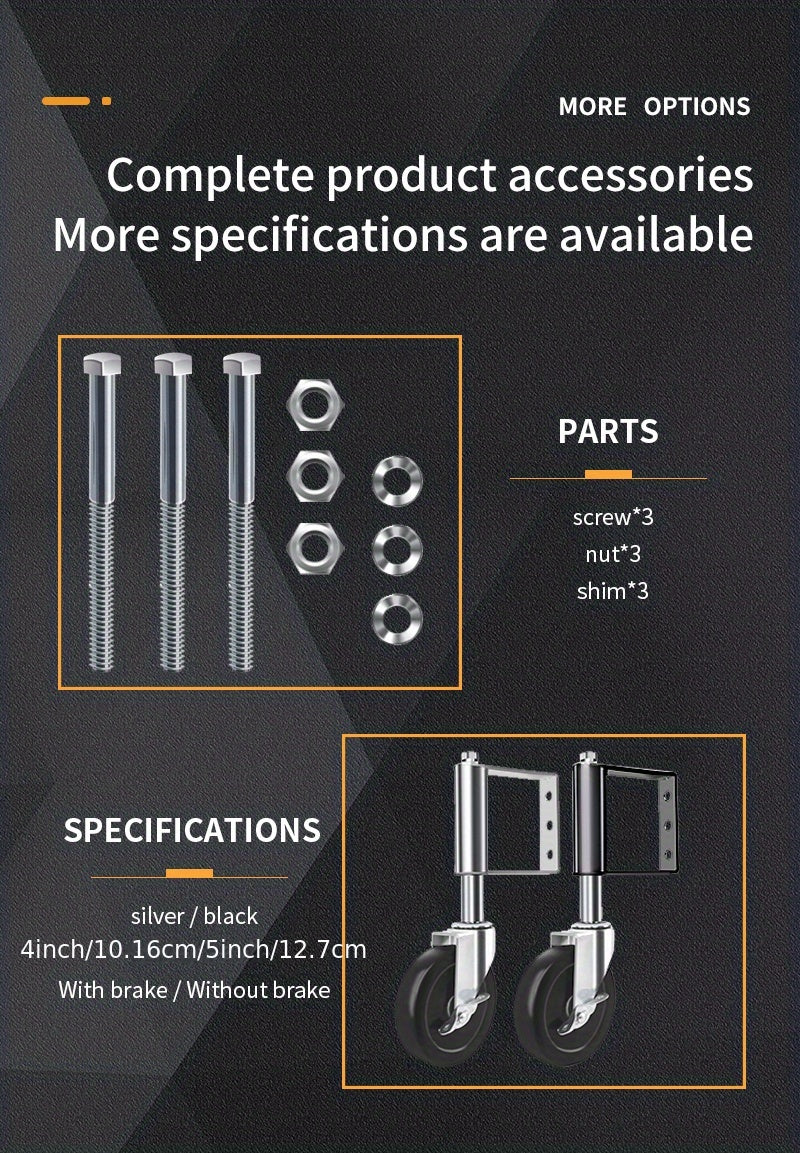 Heavy Duty Gate Wheel mounting hardware guide with three screws, nuts, and shims