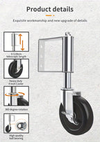 Heavy Duty Gate Wheel detail guide showing spring travel, swivel rotation, and ball bearing