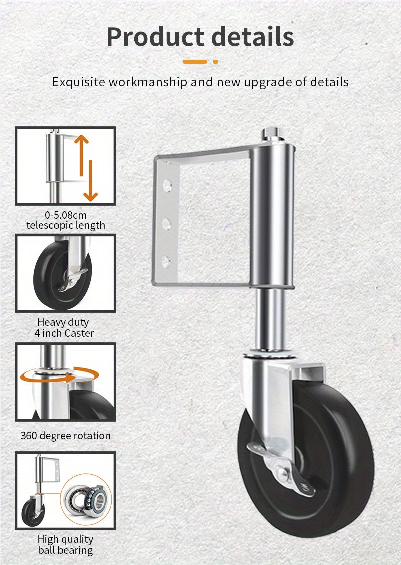 Heavy Duty Gate Wheel detail guide showing spring travel, swivel rotation, and ball bearing