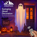 Halloween ghost decoration with pumpkins and a remote control, featuring Highpeak brand.